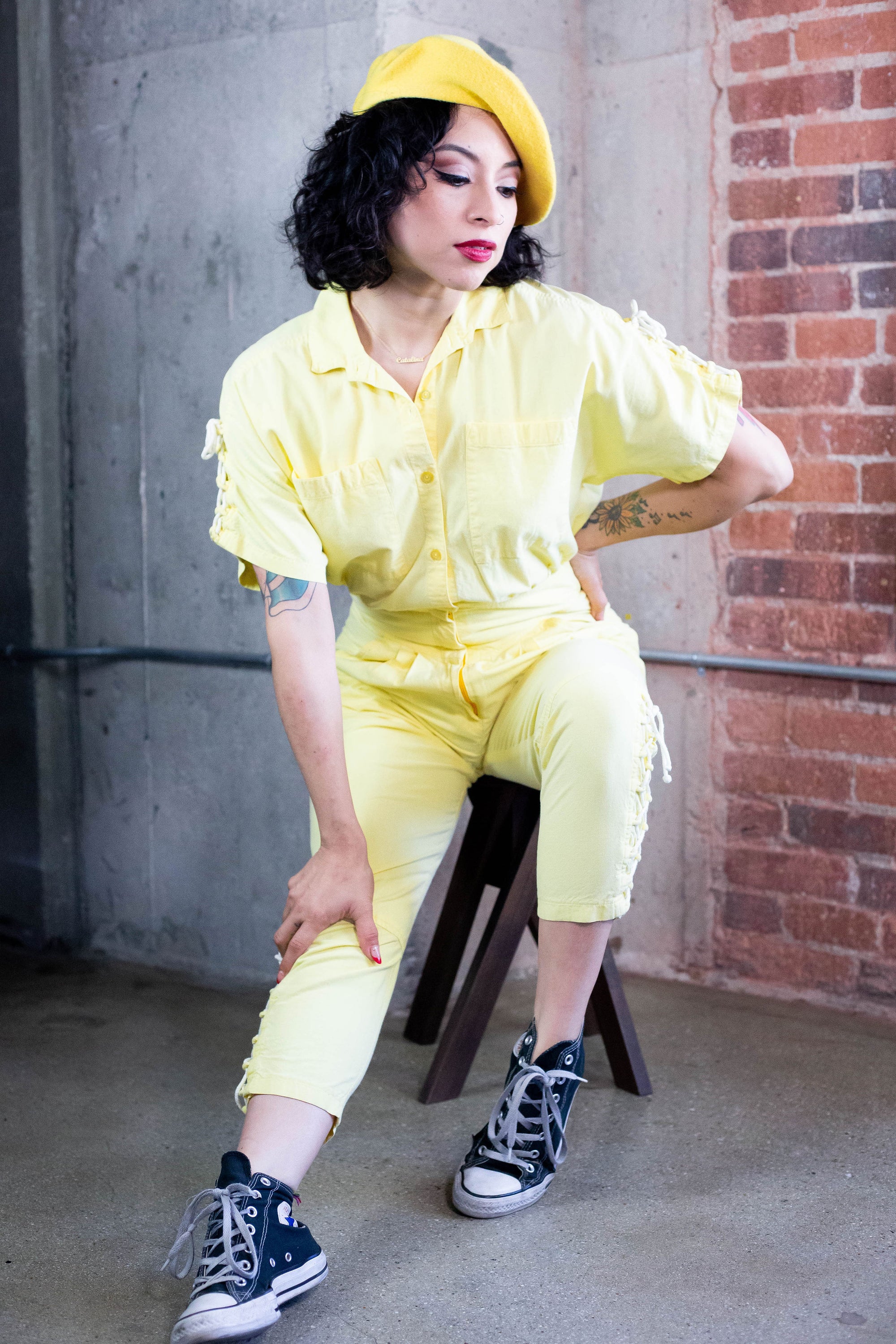 80's Yellow Jumpsuit With Shoe Lace Details (M)