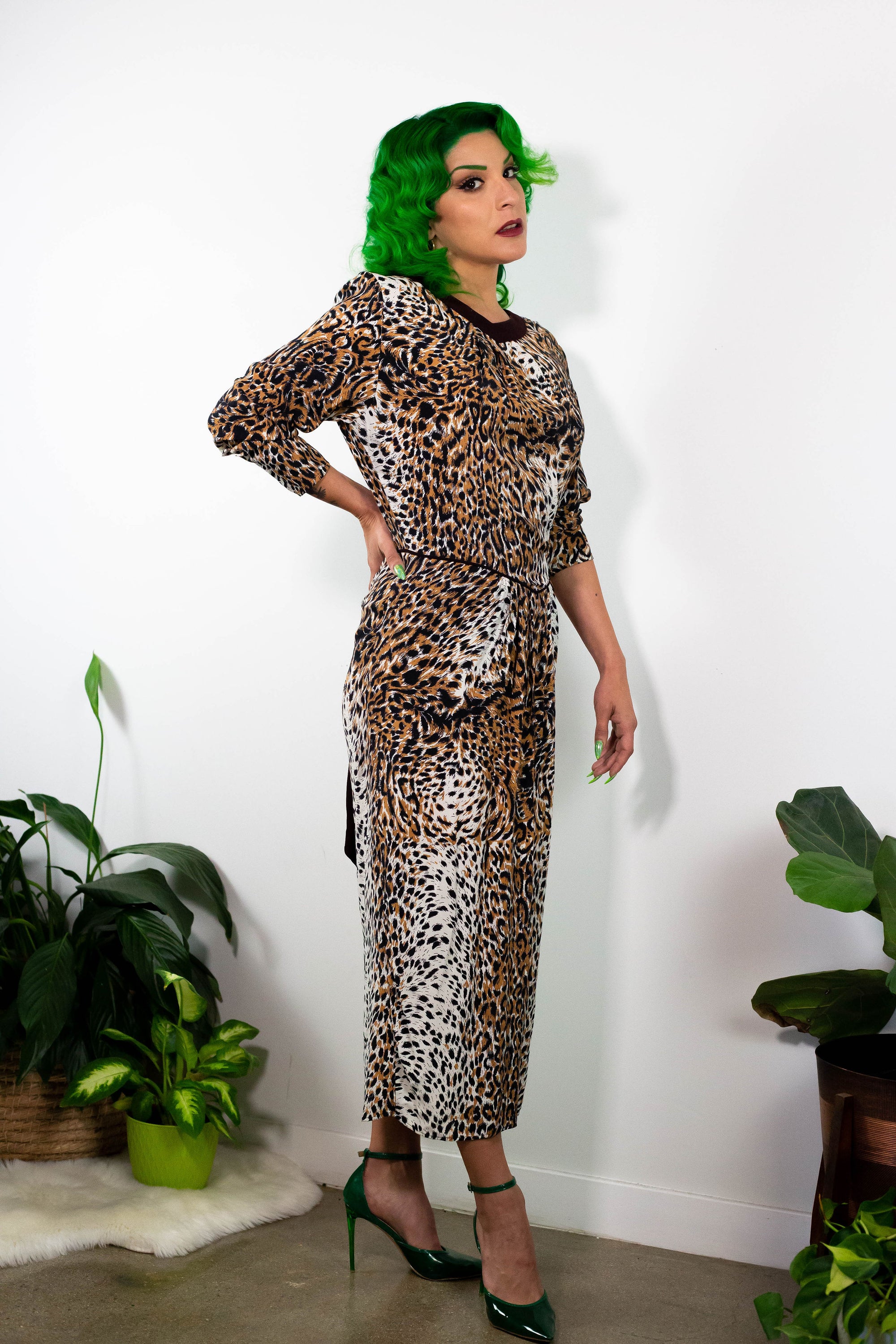 80's Leopard Low Back Rayon Dress (M)