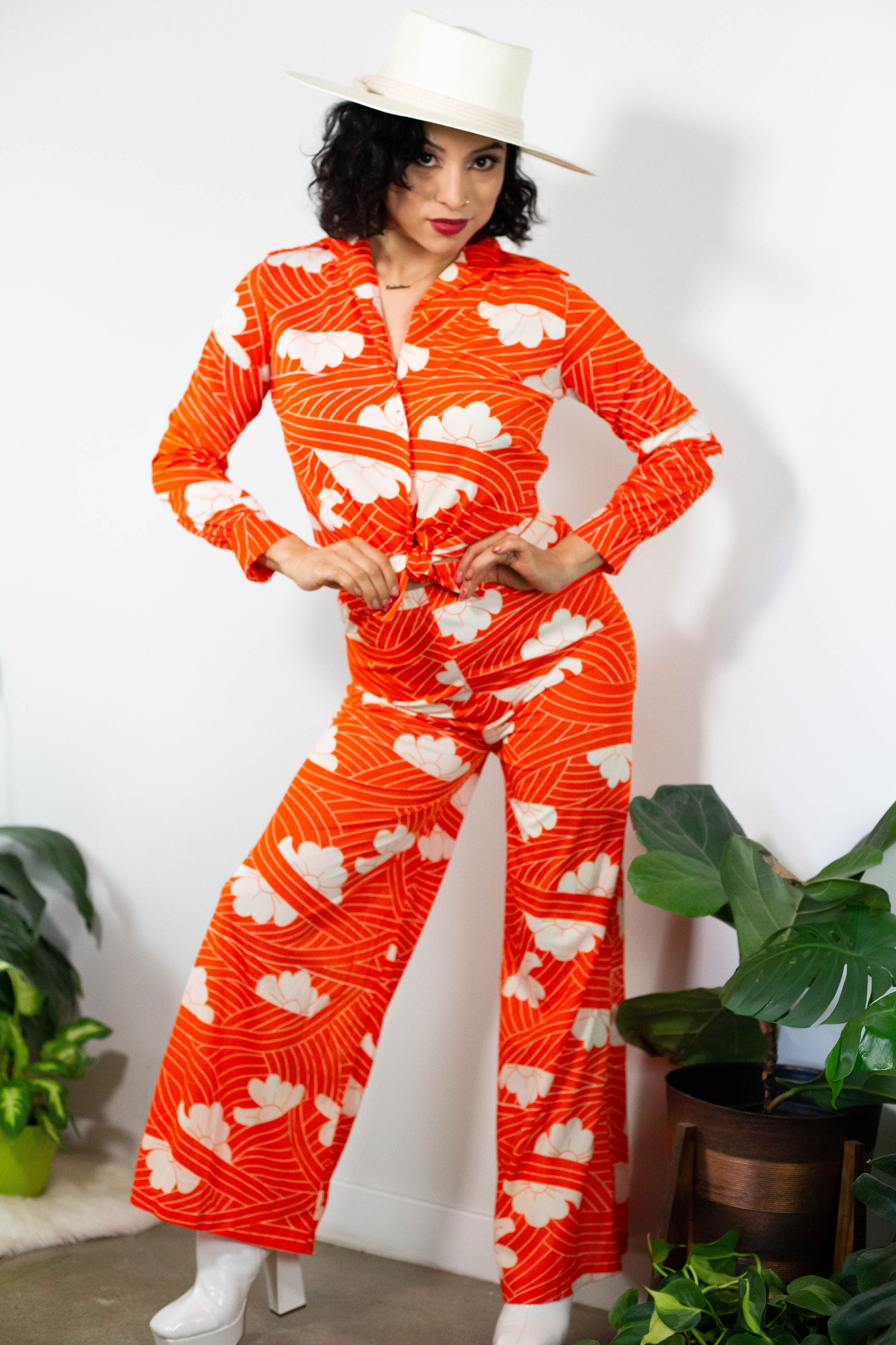 70's Daisy SunRise Cloud Print Polyester Pant Set (M)