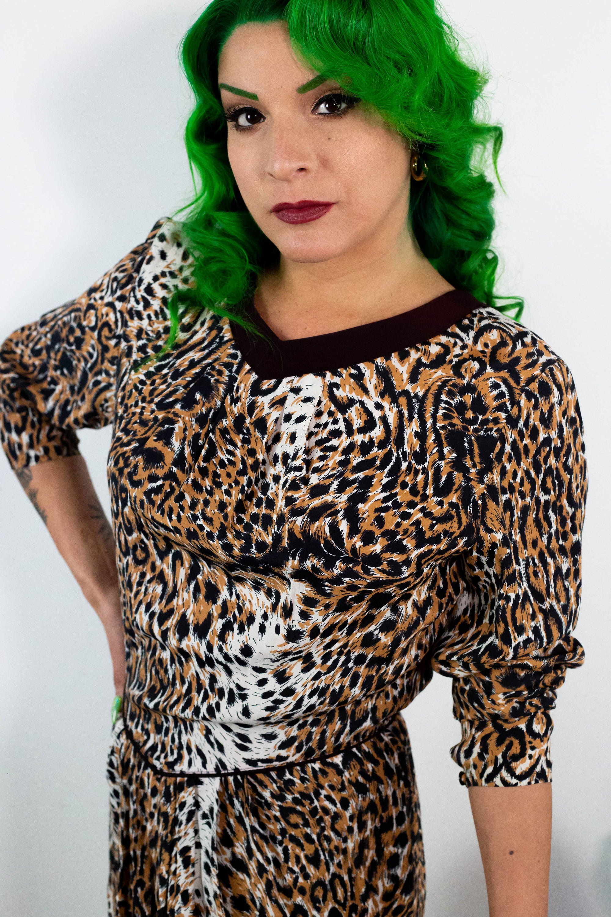 80's Leopard Low Back Rayon Dress (M)