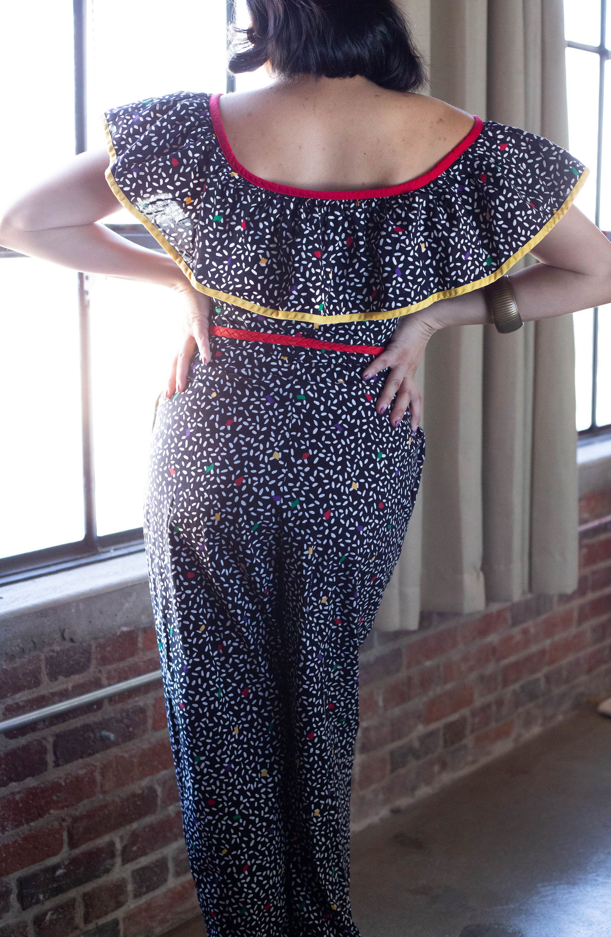 80's Confetti Print Off-The-Shoulder Jumpsuit (M-L)