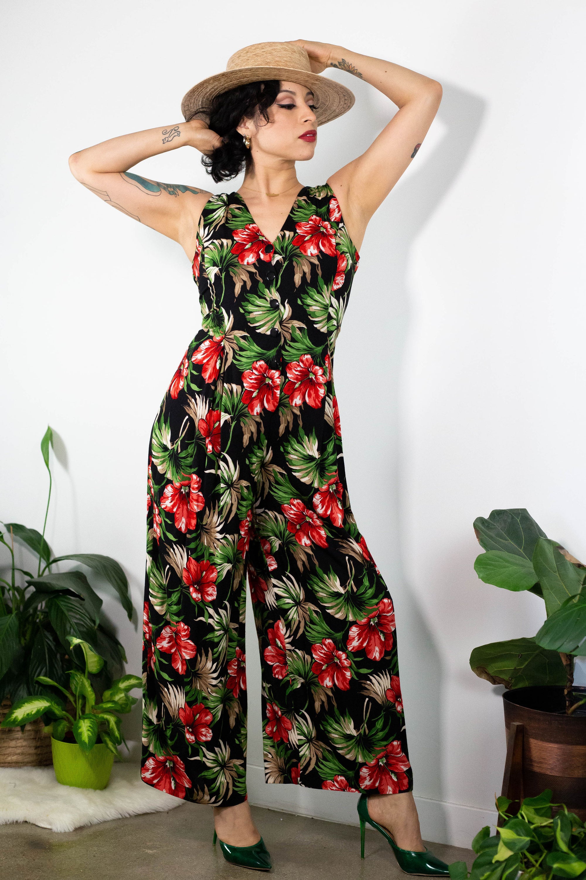 90’s Rayon Tropical Floral Print Jumpsuit (S)