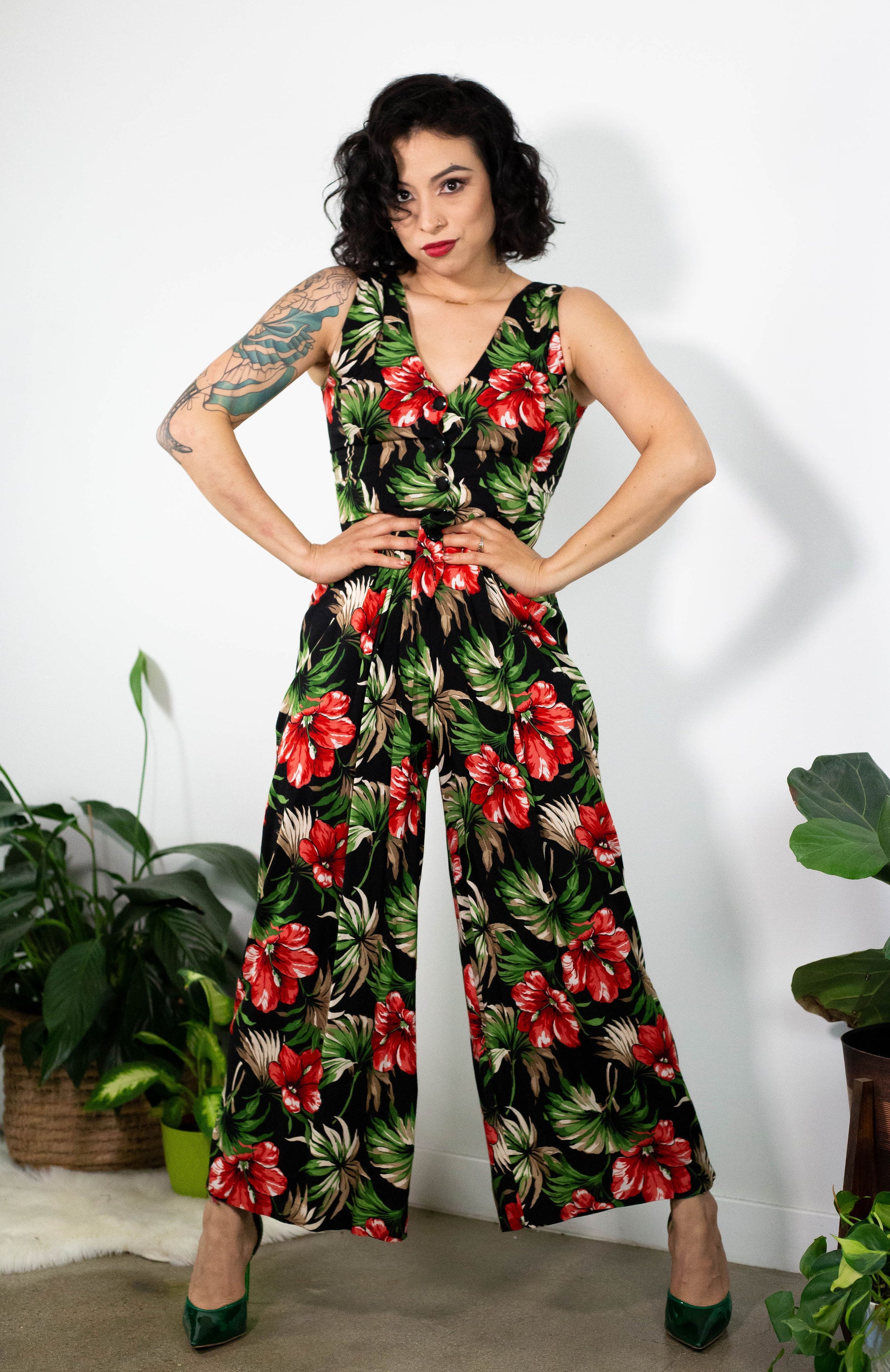 90’s Rayon Tropical Floral Print Jumpsuit (S)