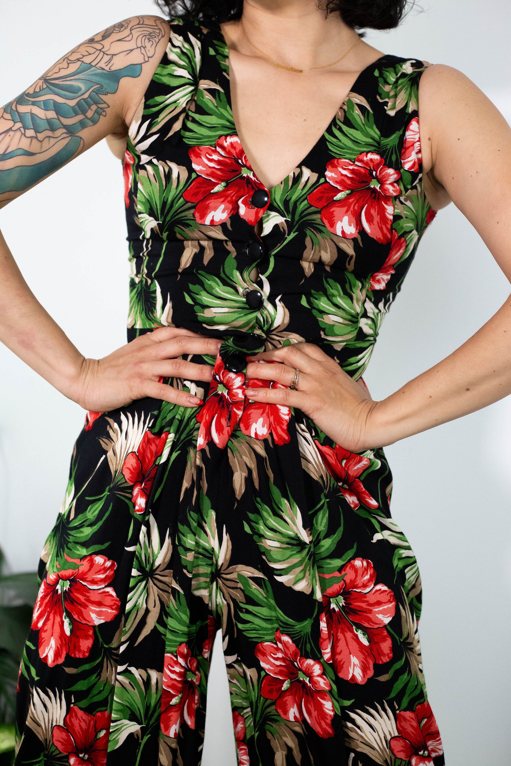 90’s Rayon Tropical Floral Print Jumpsuit (S)