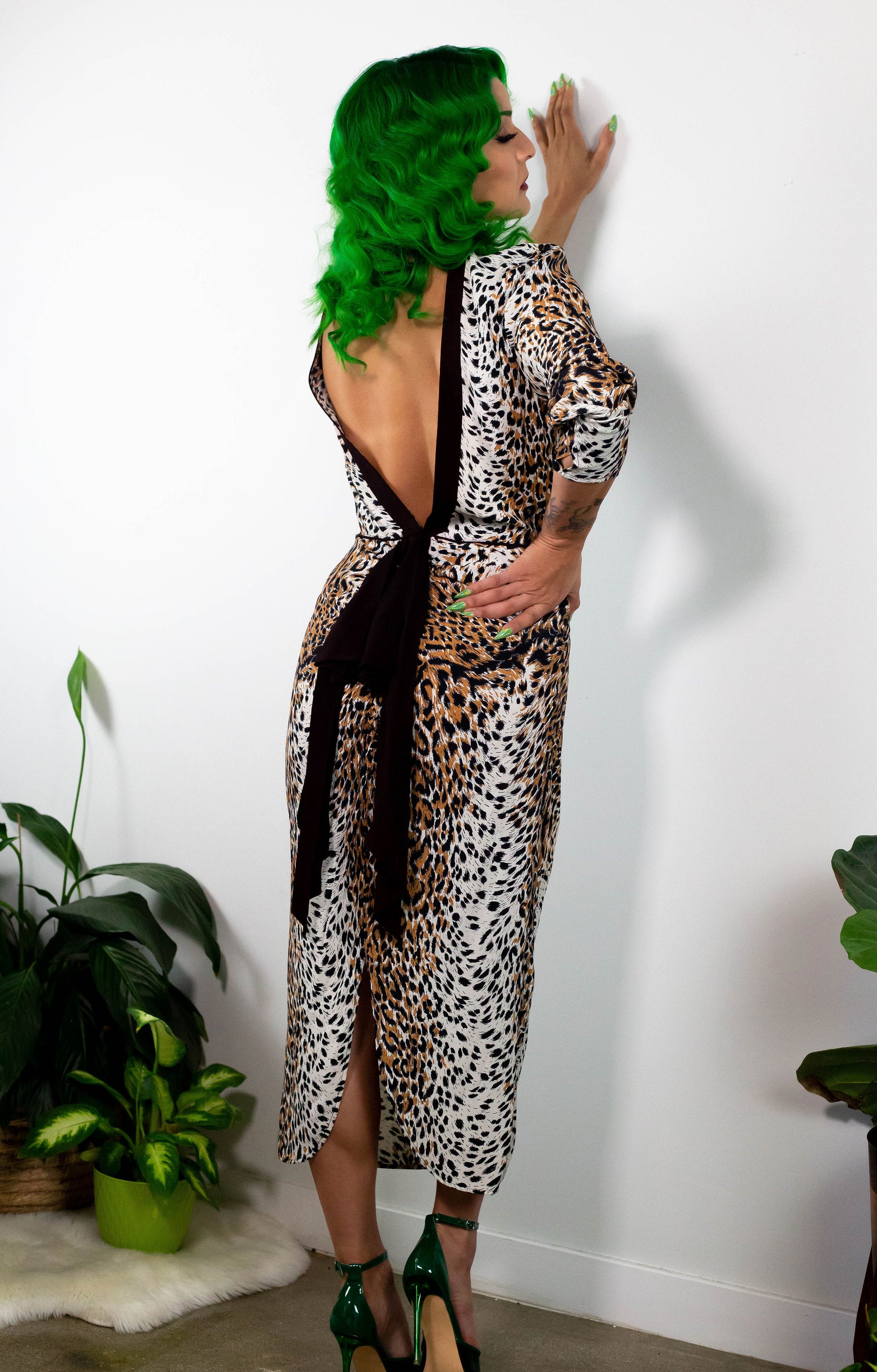 80's Leopard Low Back Rayon Dress (M)