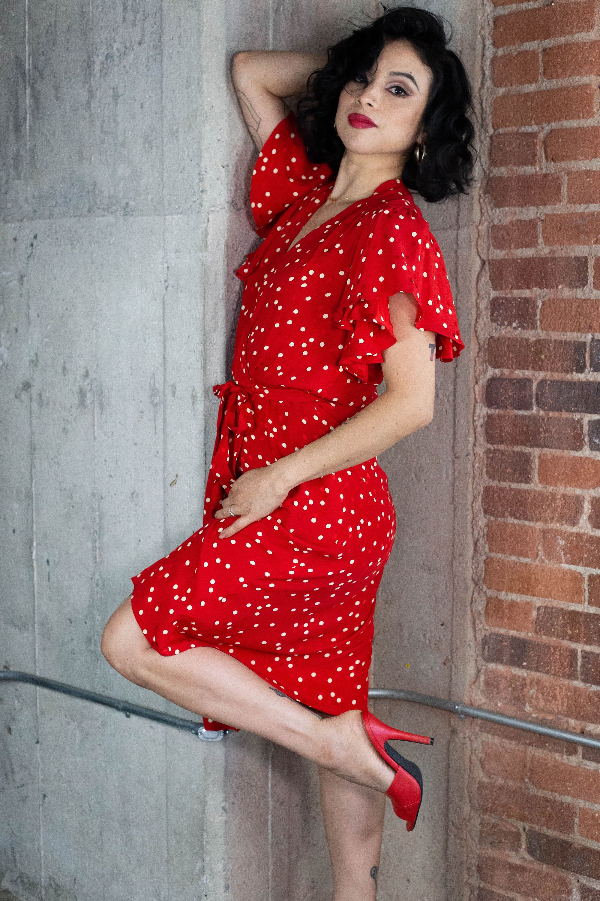 90's Red Polka Dot Silky Dress (M)