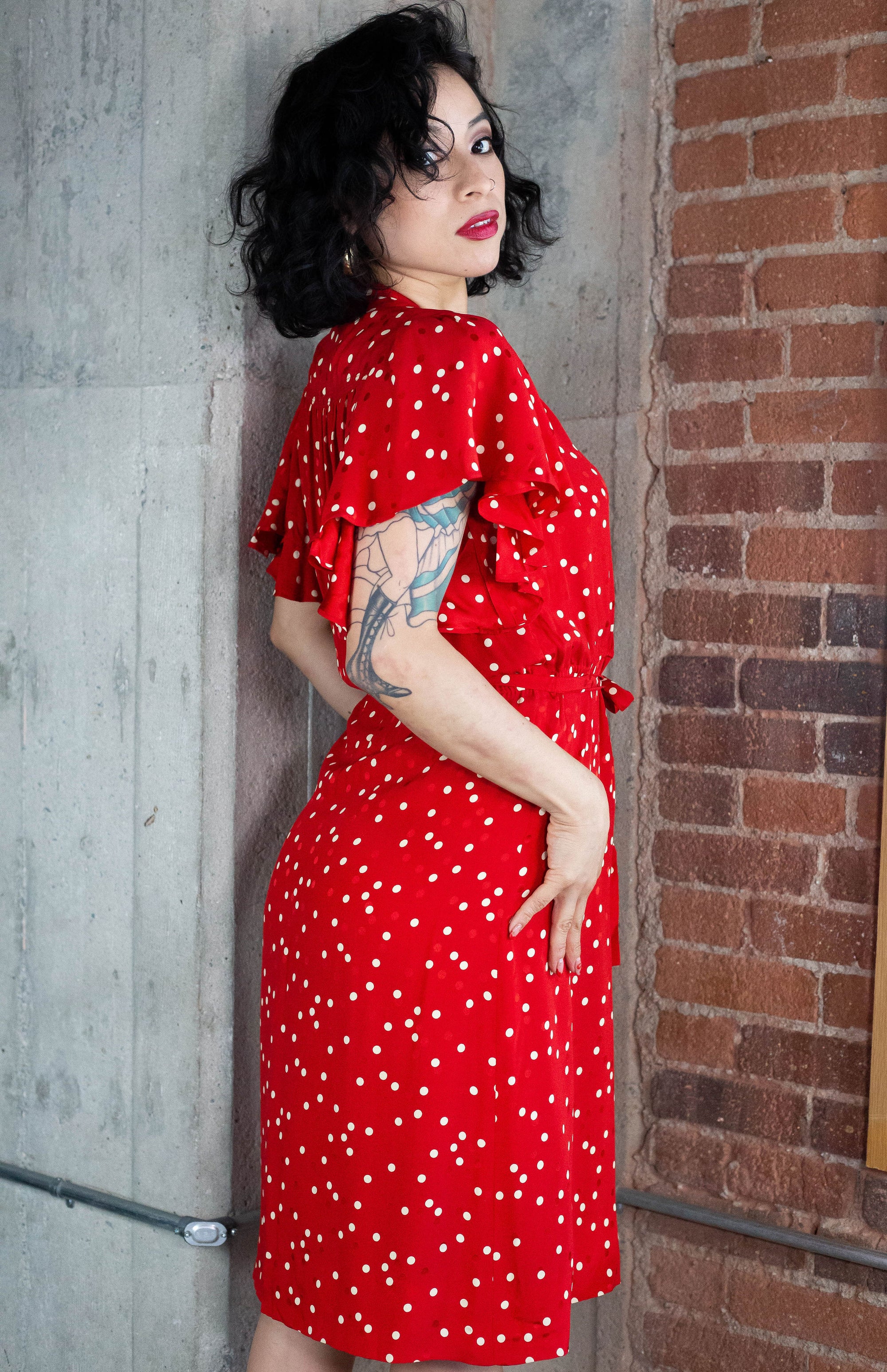 90's Red Polka Dot Silky Dress (M)