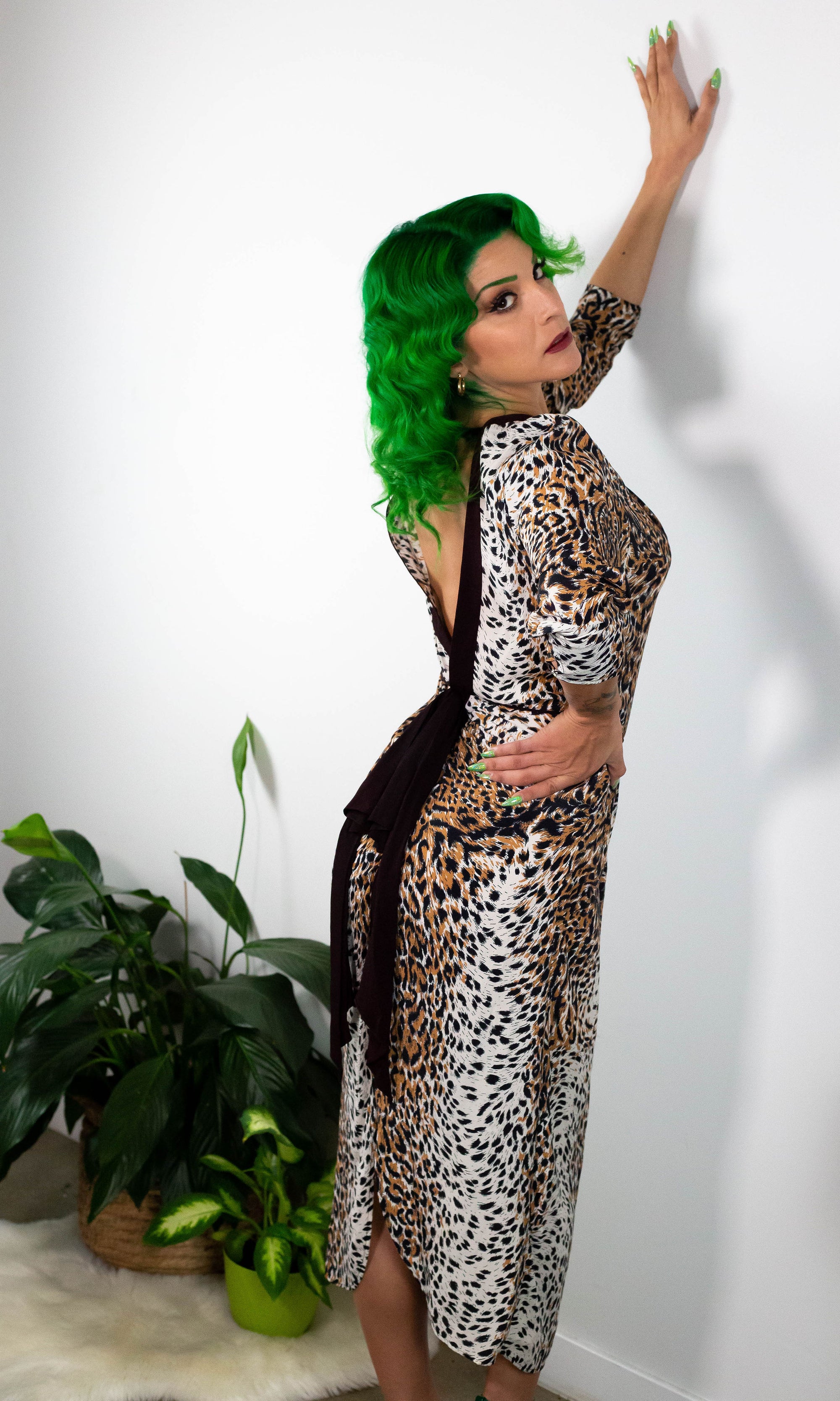 80's Leopard Low Back Rayon Dress (M)