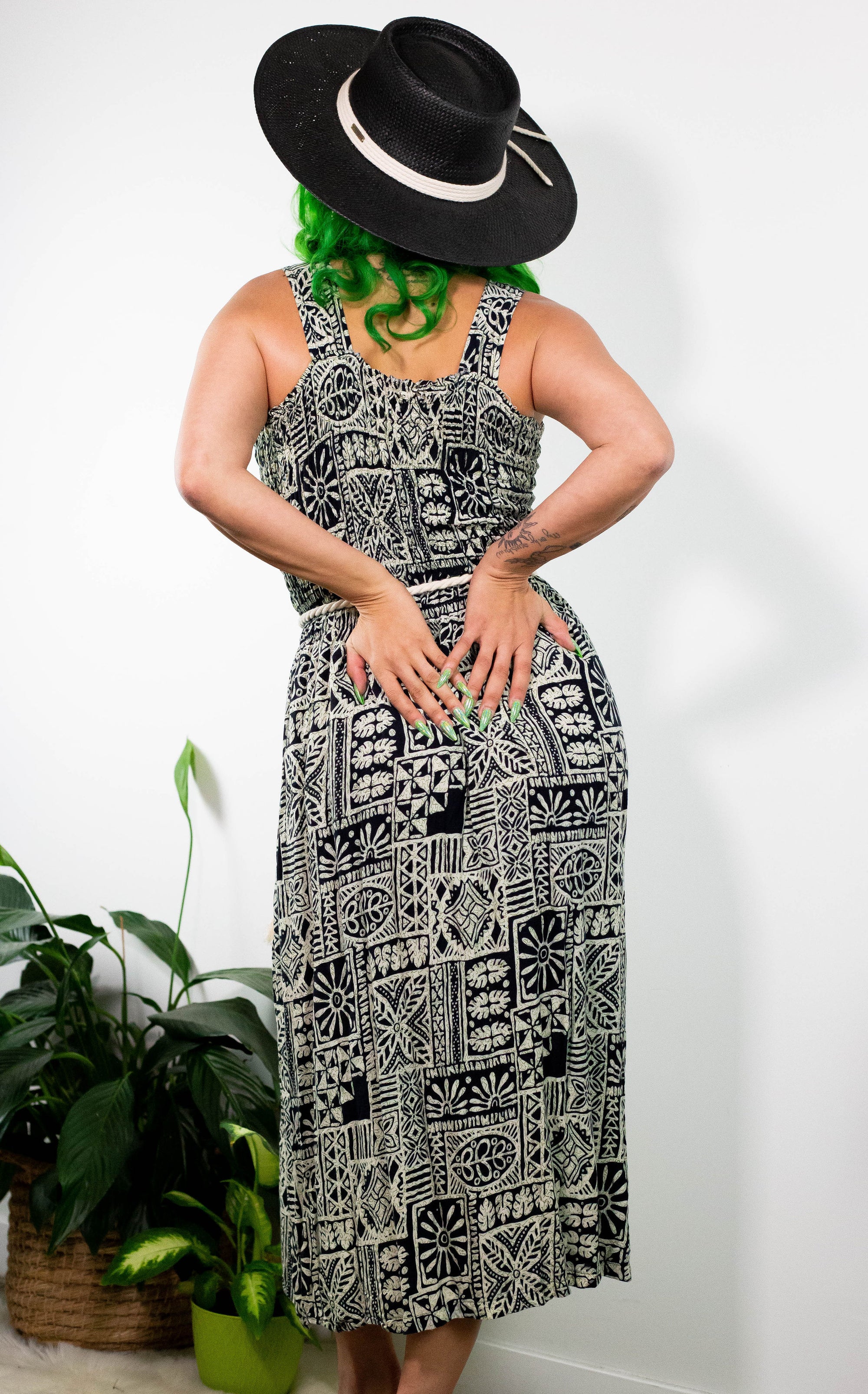 80's Smocked Midi Dress with Tribal Print (S-M) - Aire Antigua 80's Smocked Midi Dress with Tribal Print (S-M) - Aire Antigua
